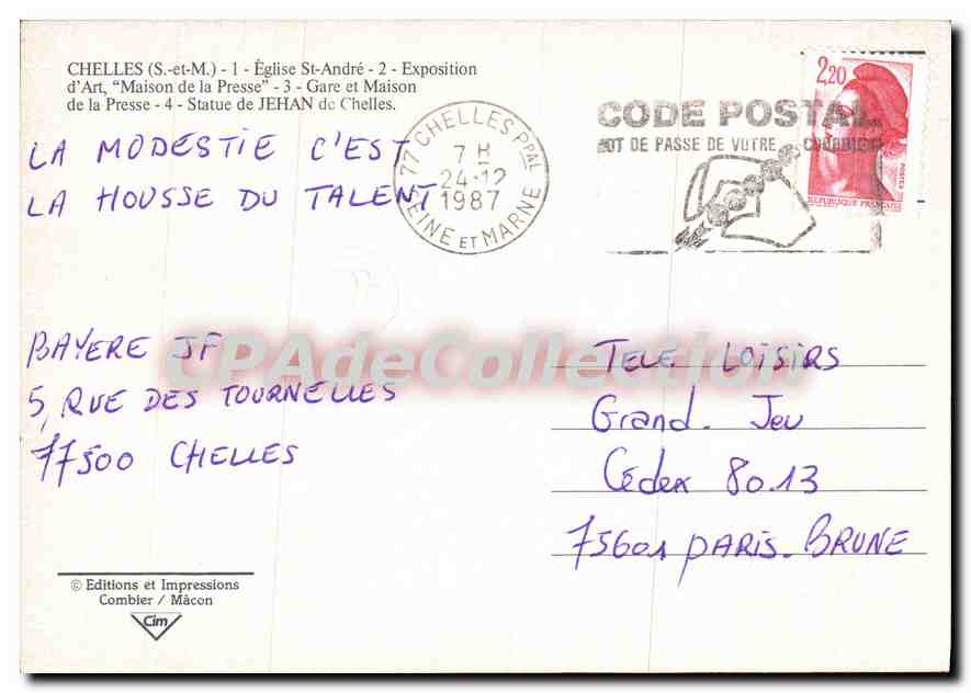 CPSM Chelles (S et M) Eglise St Andre Exposition d'Art Maison de la Presse Gare et Maison de la Pres — Rückseite