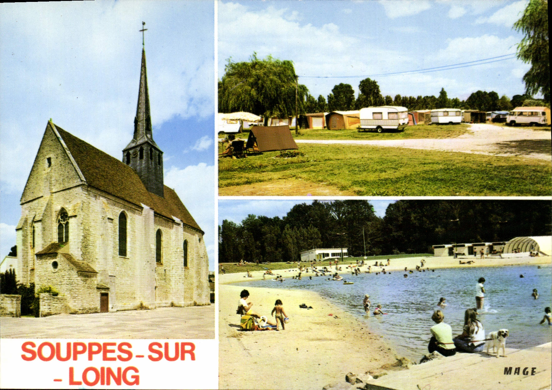 CPSM Souppes sur Loing (Seine et Marne) L'Eglise St Clair Le Camping La PLage