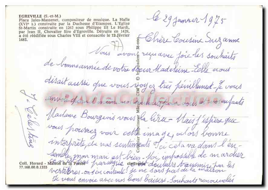 CPSM Egreville (S et M) Place Jules Massenet Compositeur de Musique — Verso