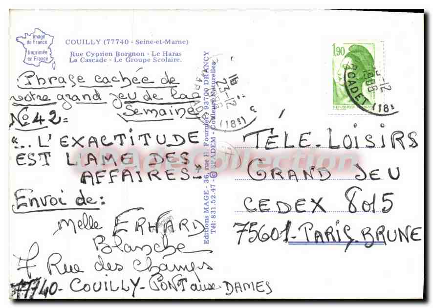 CPSM Couilly (Seine et Marne) Rue Cyprien Borgnon Le Haras La Cascade Le Groupe Scolaire — Verso