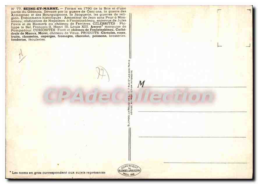 Seine-et-Marne — Carte postale illustrée — Éditeur Blondel-Mouguerry, n°77 — Verso