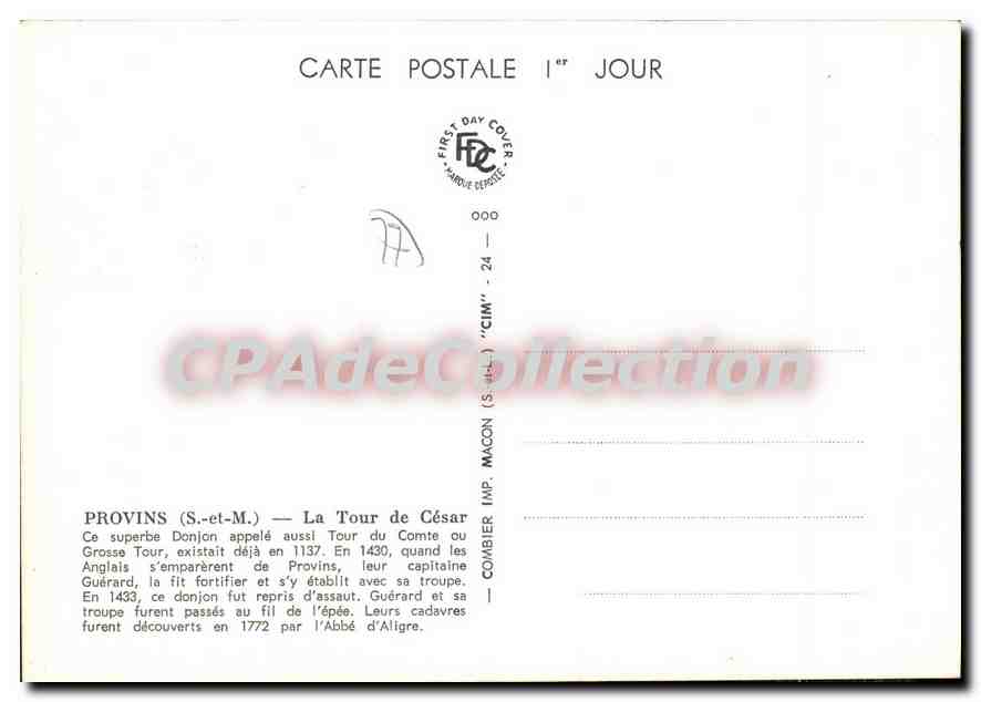 CPSM Provins (S et M) La Tour de Cesar premier jour Carte maximum — Verso
