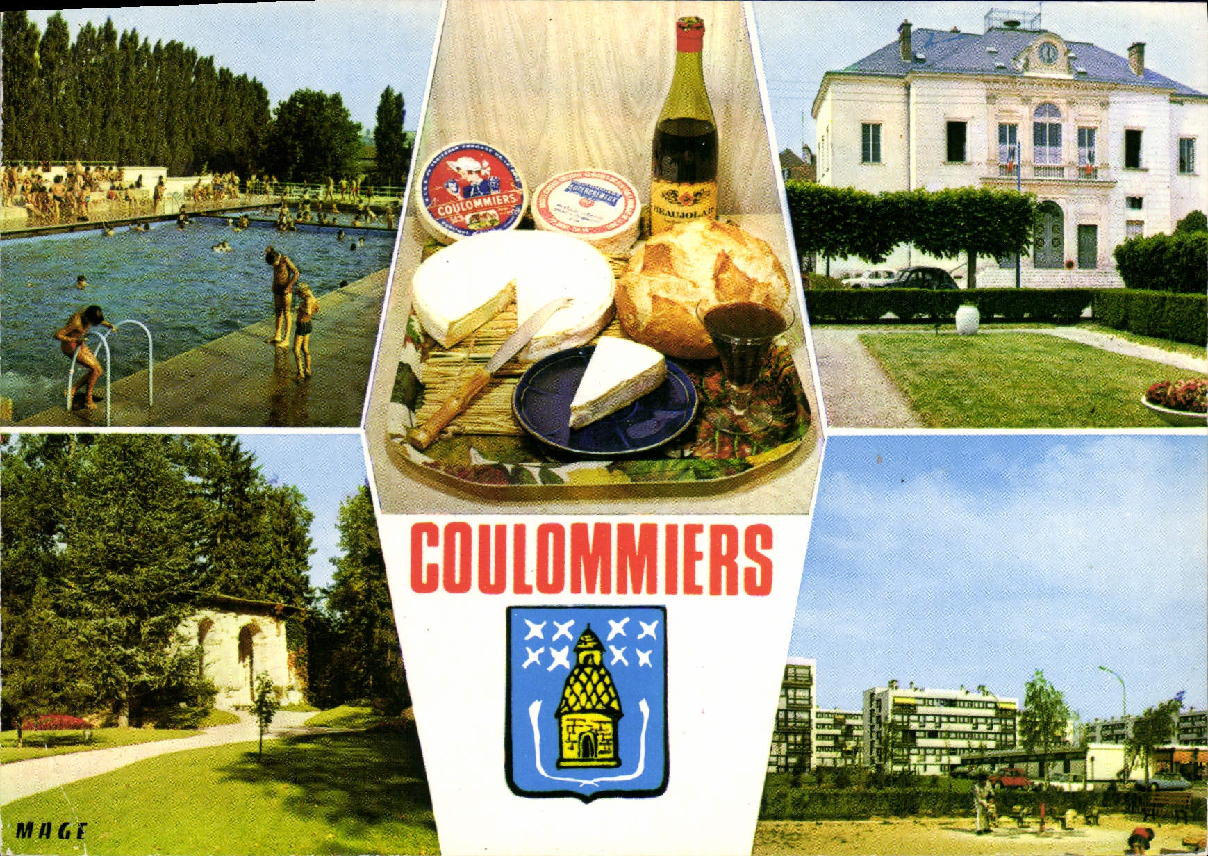 Coulommiers — Schwimmbecken, Käse, Rathaus, Kirche, moderner Viertel — Verleger MAGE, Seriennummer nicht sichtbar
