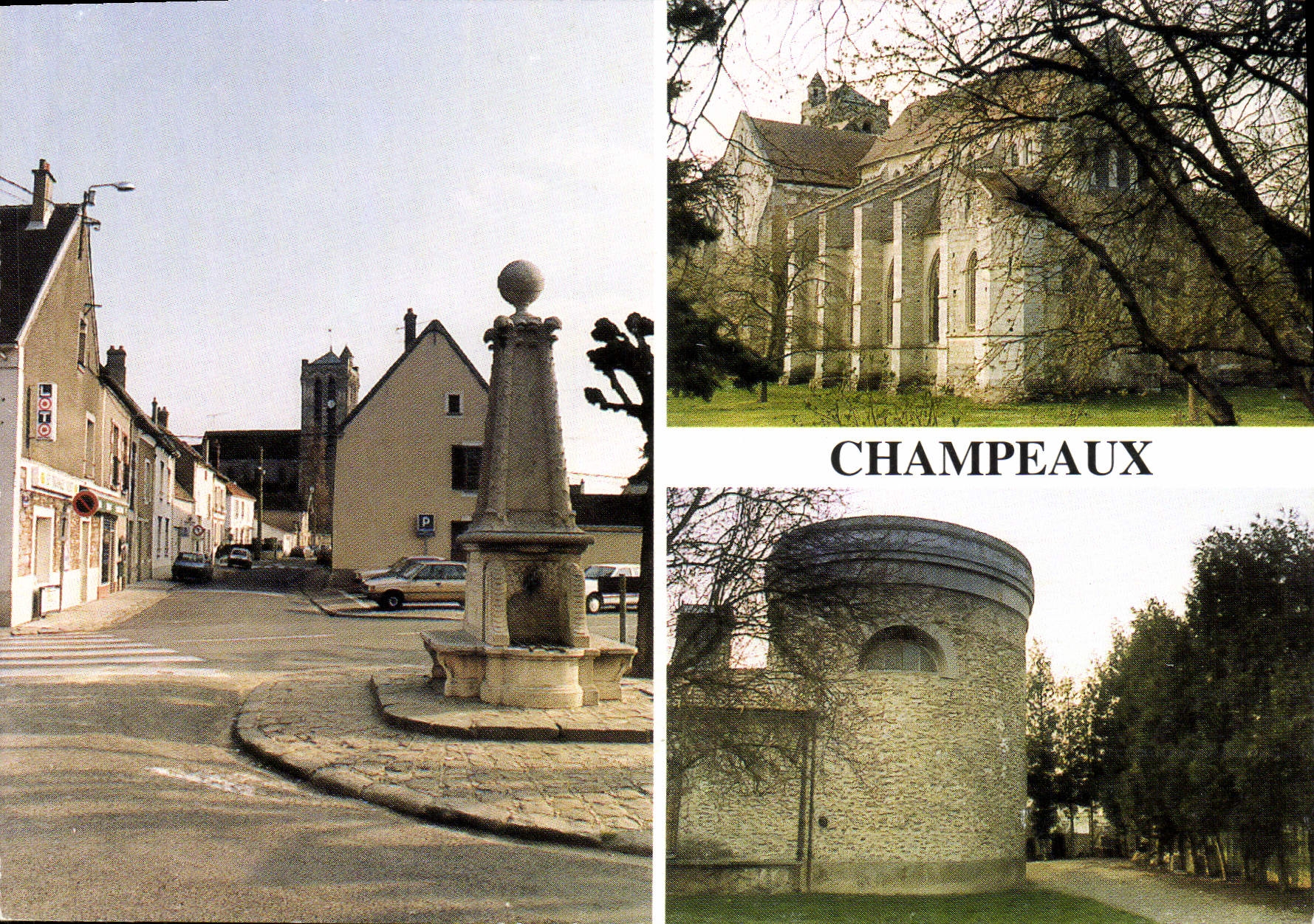 Champeaux — vue de la place avec fontaine, église et tour — création Monique Roche