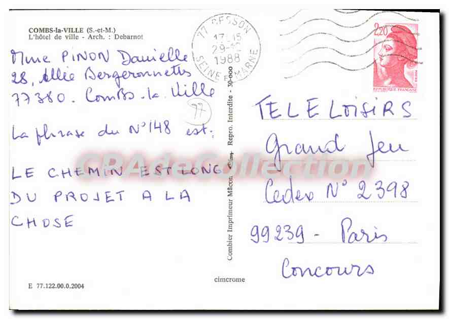 CPSM Combs la Ville (S et M) L'hotel de ville — Rückseite