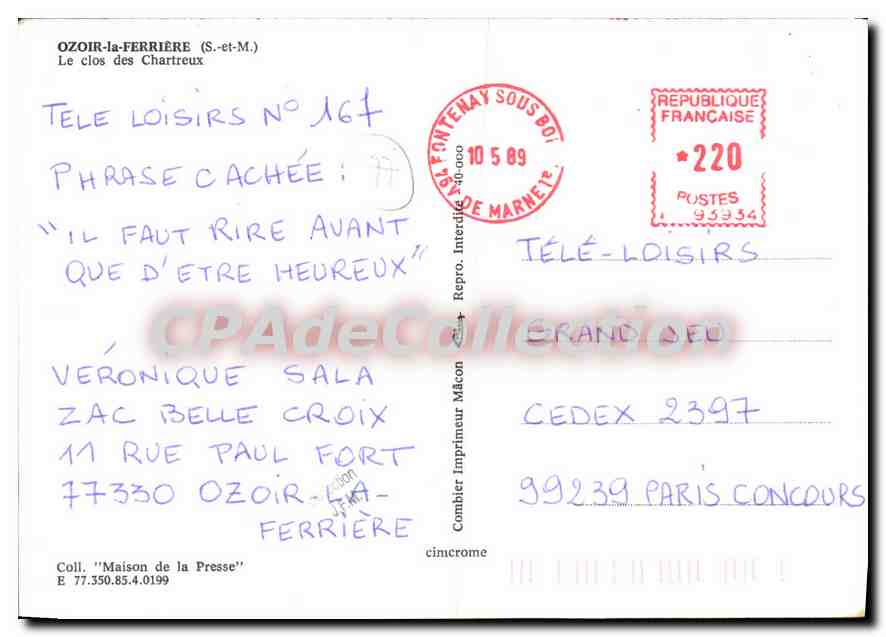 CPSM Ozoir le Ferriere (S et M) Le clos des Chartreux — Back