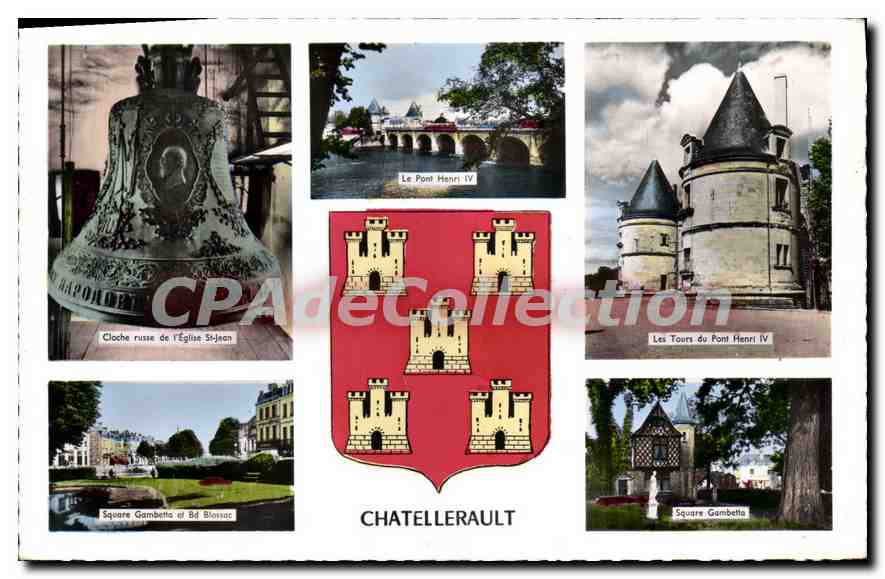 Chatellerault — Vue panoramique avec cloche, pont Henri IV et tours — Éditions Artaud et Fils, Nantes