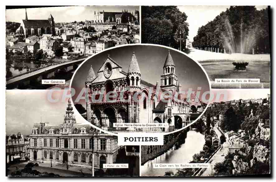 Poitiers — Vue générale, Église Notre-Dame-la-Grande, Hôtel de Ville, Bassin du Parc de Blossac, Le Clain vers les Rochers du Porteau — Éditeurs ARTAUD Frères et Fils, Nantes
