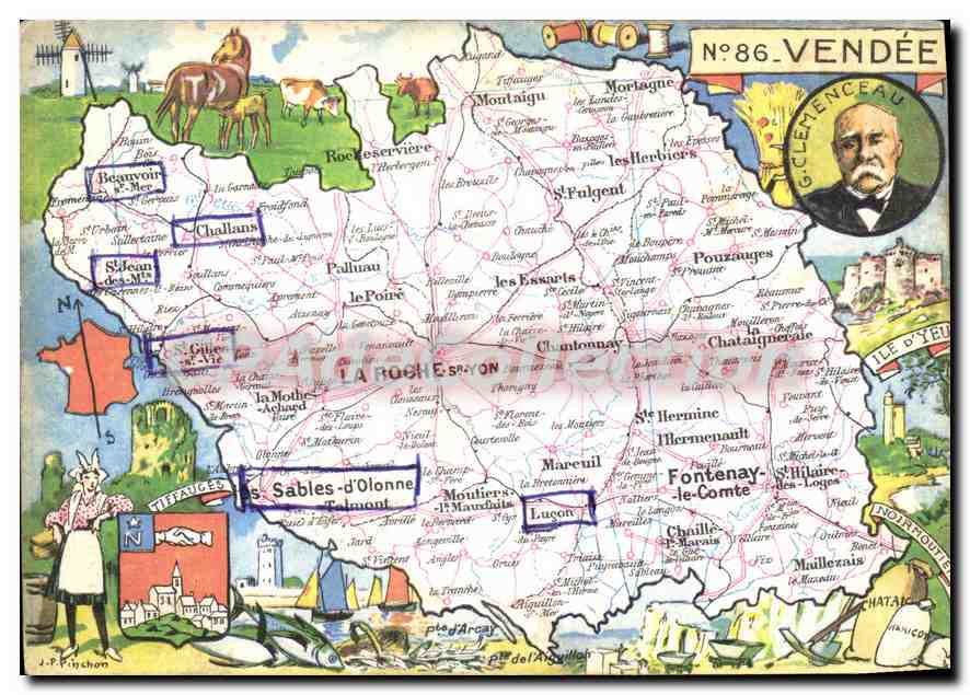Vendée — Carte postale illustrée avec carte de la région — Éditeur Blondel-La Rougery, n°86