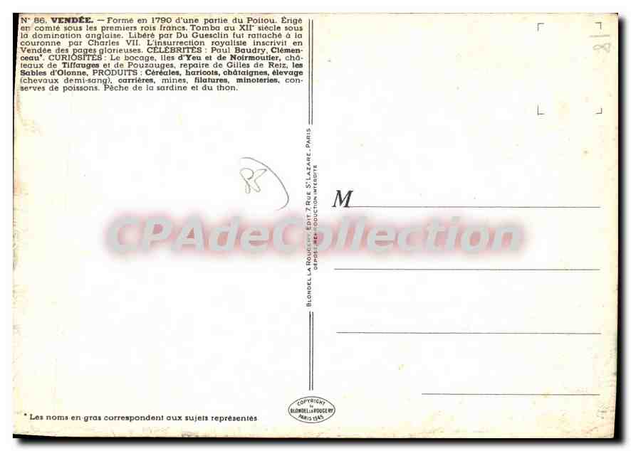Vendée — Carte postale illustrée avec carte de la région — Éditeur Blondel-La Rougery, n°86 — Rückseite