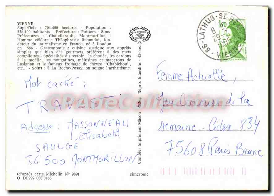 CPSM Vienne Cenon Chauvigny Bonnes Dissay La Roche Posay Chatellerault Angles s l'Anglin — Back
