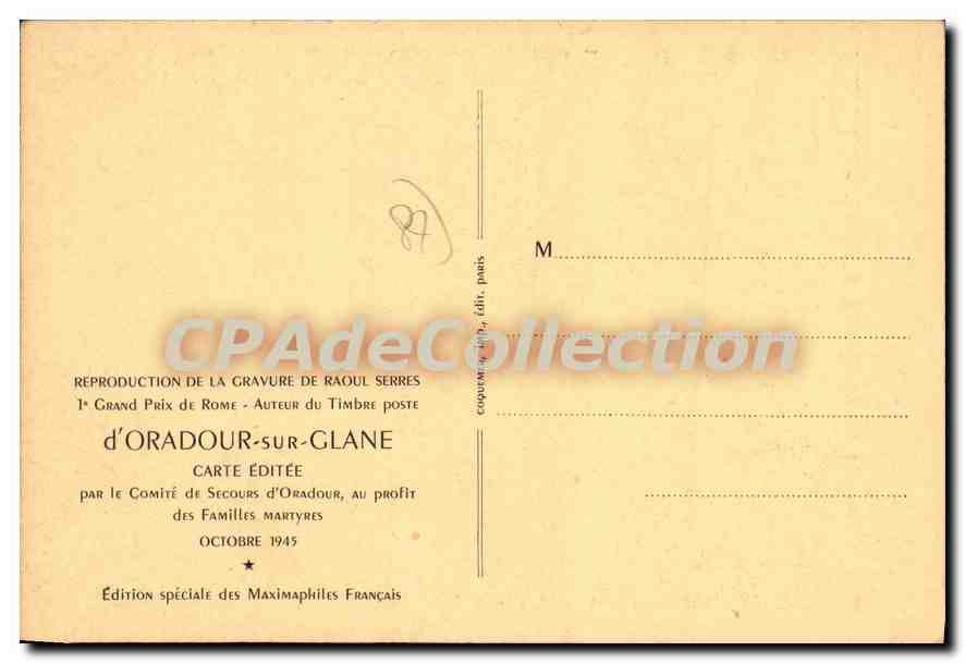 Oradour — Destruction du 10 juin 1944 — Gravure de Raoul Serres, éditée par le Comité de Secours d'Oradour-sur-Glane — Rückseite
