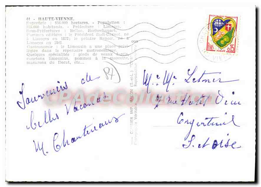 Haute-Vienne — Tourist postcard with map and photos of sites — publisher unknown — Back