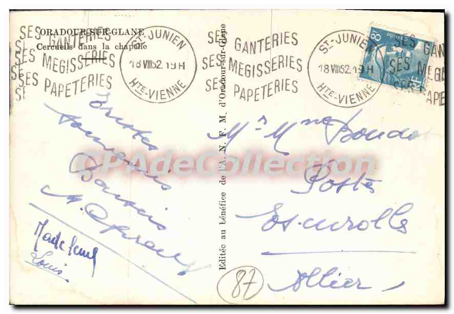 Cercueils dans la chapelle — Oradour-sur-Glane — Édité au bénéfice de l'A.N.F.M. d'Oradour-sur-Glane — Verso