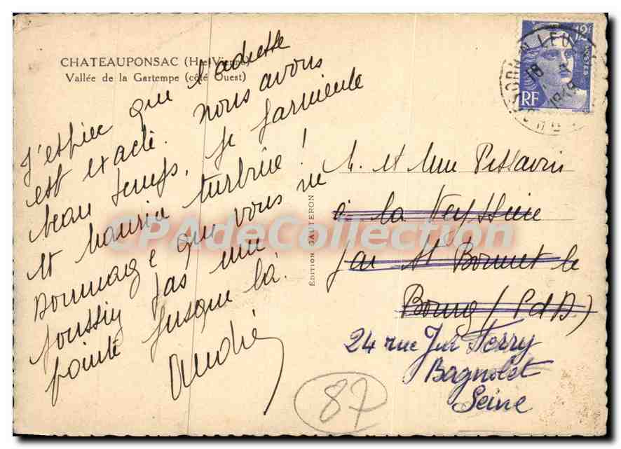 CPSM Chateauponsac (Haute Vienne) Vallee de la Gartempe (cote Ouest) — Rückseite
