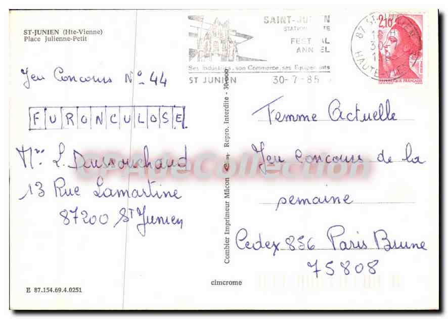 CPSM St Junien (Haute Vienne) Place Julienne Petit — Rückseite