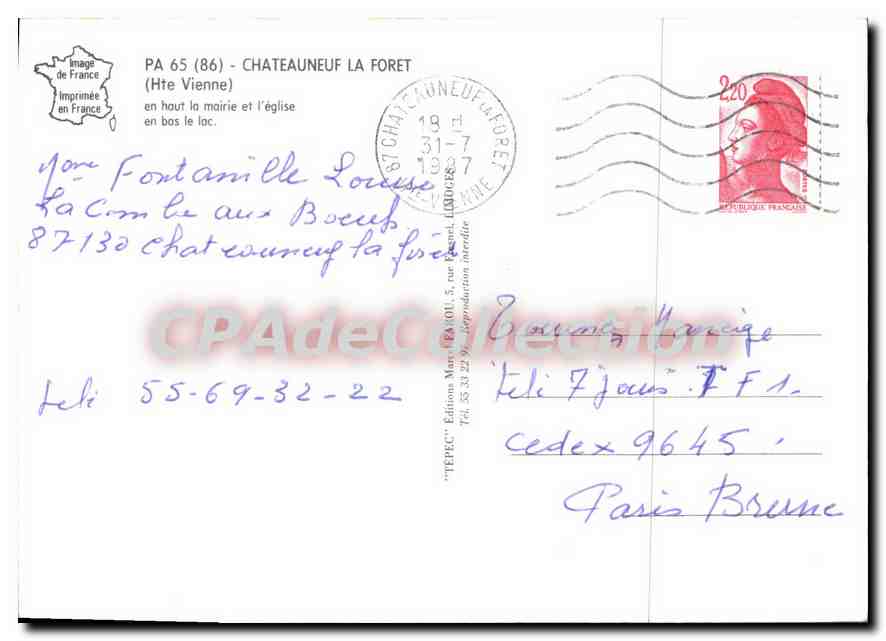 CPSM Chateauneuf la Foret (Haute Vienne) en haut la mairie et l'eglise en bas le lac — Rückseite