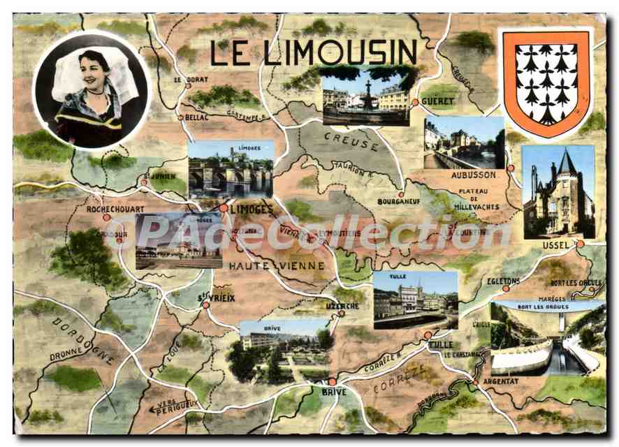Le Limousin — carte postale illustrée avec vignettes de lieux et blason — éditeur inconnu