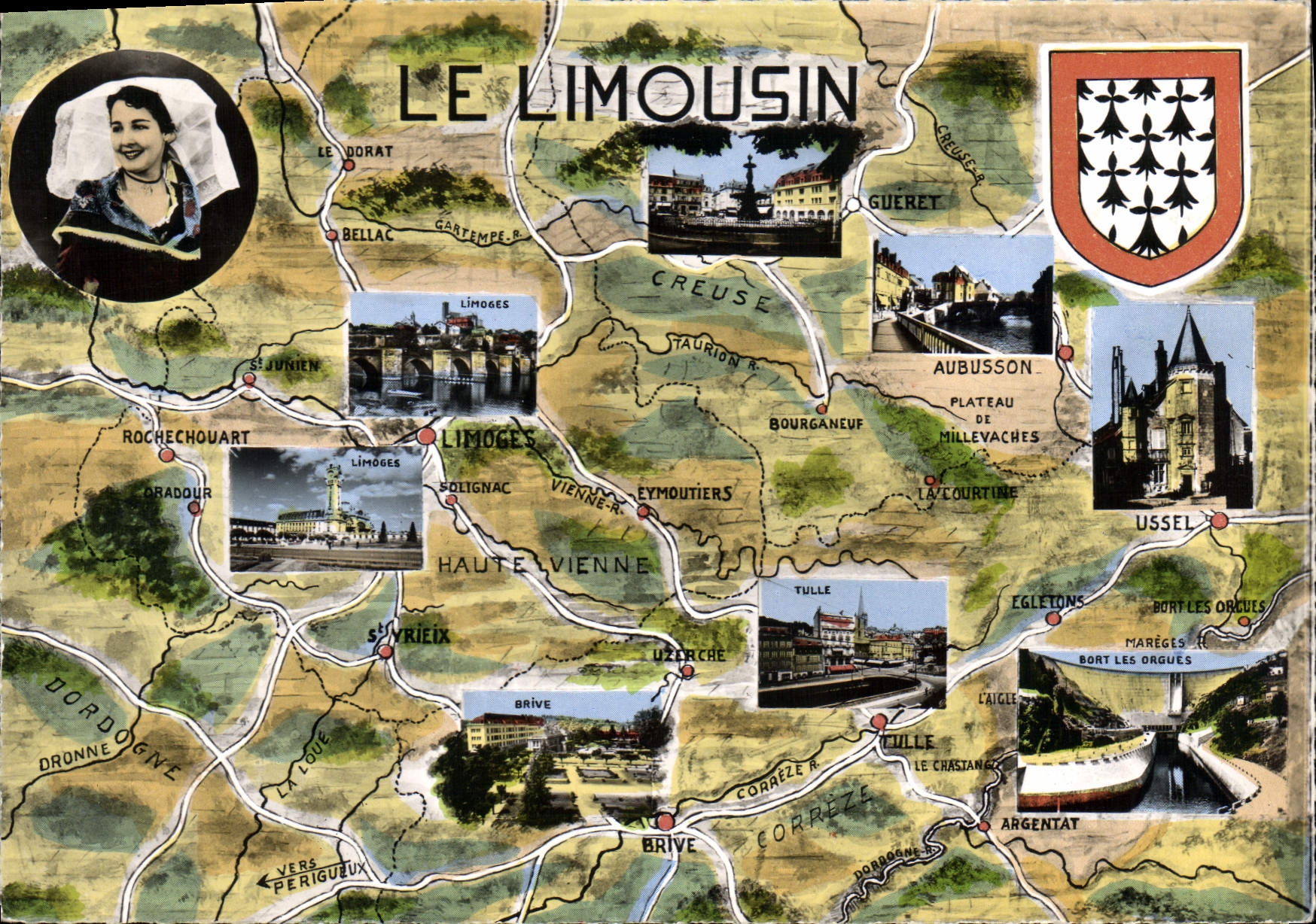Le Limousin — carte postale illustrée avec carte et photos de lieux — Cie des Arts Photomécaniques, Paris