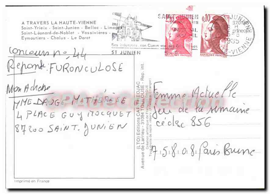 CPSM Haute Vienne Saint-Junien Bellac Le Dorat St-Leonard de Noblat Chalus Eymoutiers St-Yrieix Limo — Rückseite