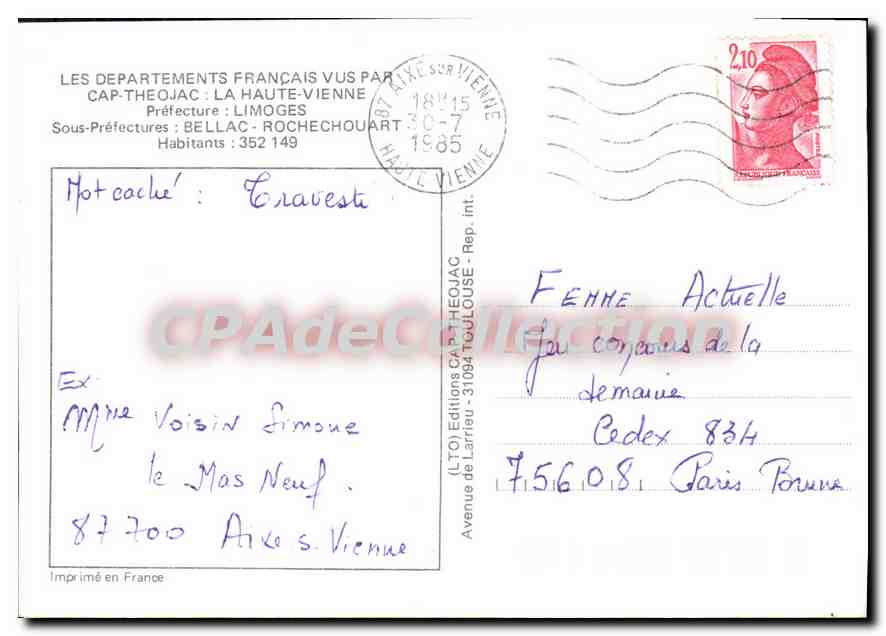 CPSM Haute Vienne Cap Theojac — Verso