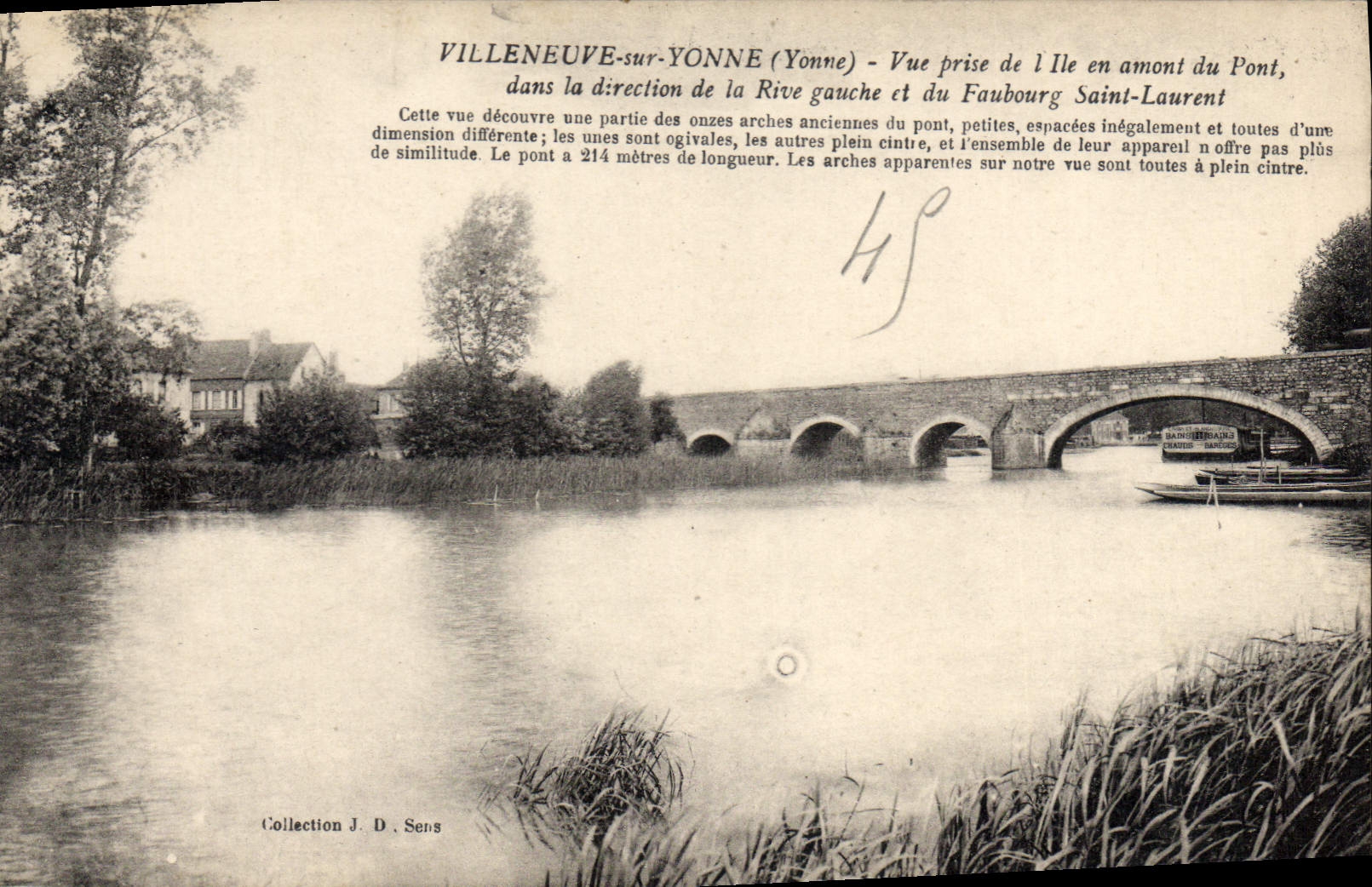 Villeneuve-sur-Yonne (Yonne) — Vue prise de l'île en amont du pont, direction de la rive gauche et du Faubourg Saint-Laurent — Collection J. D. Sens