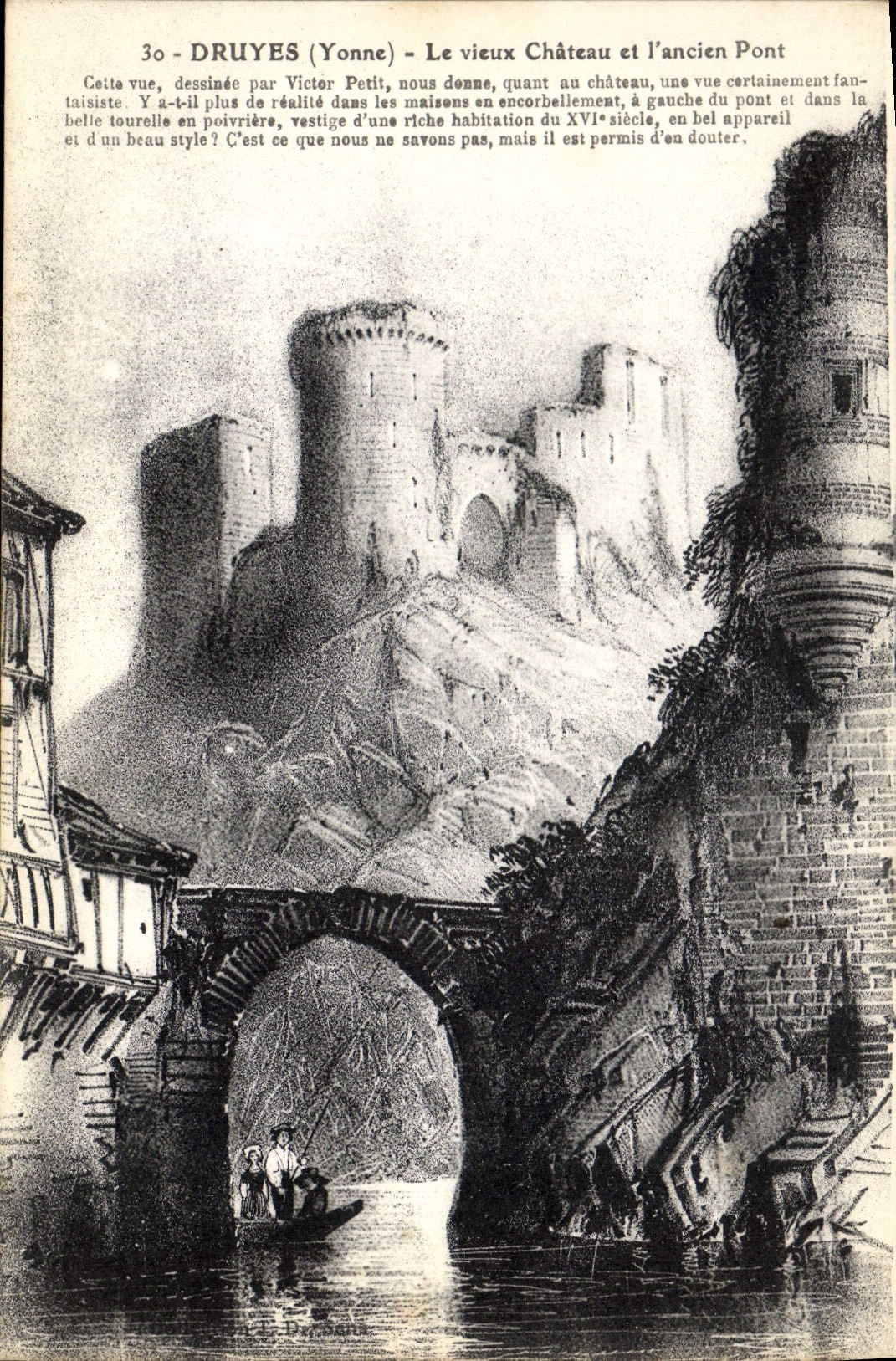 Druyes (Yonne) — Le vieux Château et l'ancien Pont — dessiné par Victor Petit
