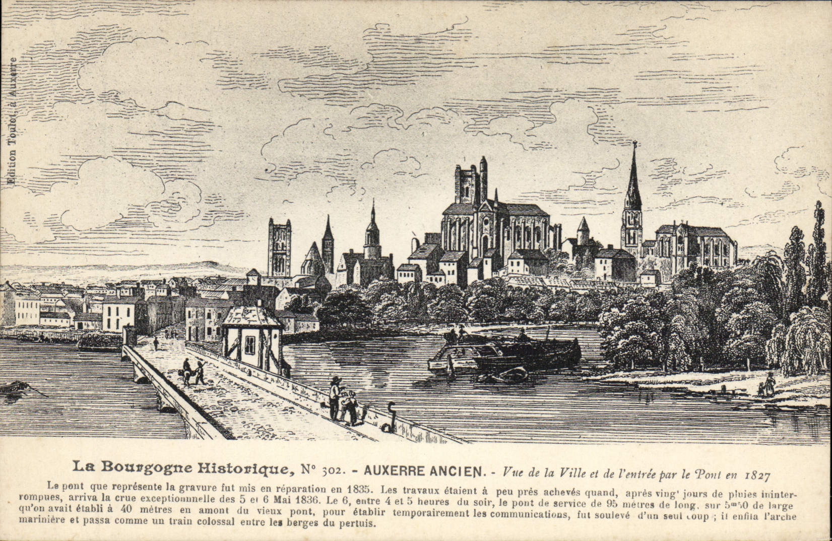 Auxerre Ancien — Vue de la Ville et de l'entrée par le Pont en 1827 — Édition Topo, Auxerre, N° 302