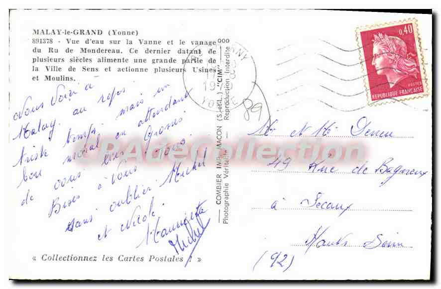 Malay-le-Grand (Yonne) — Vue d'eau sur la Vanne et le vanage du Ru de Mondereau — Combière (S.A.E.L.) — Verso