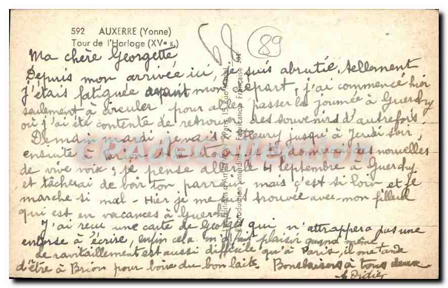 AUXERRE (Yonne) — Tour de l'Horloge (XVe s.) — éditeur inconnu, n° 592 — Rückseite