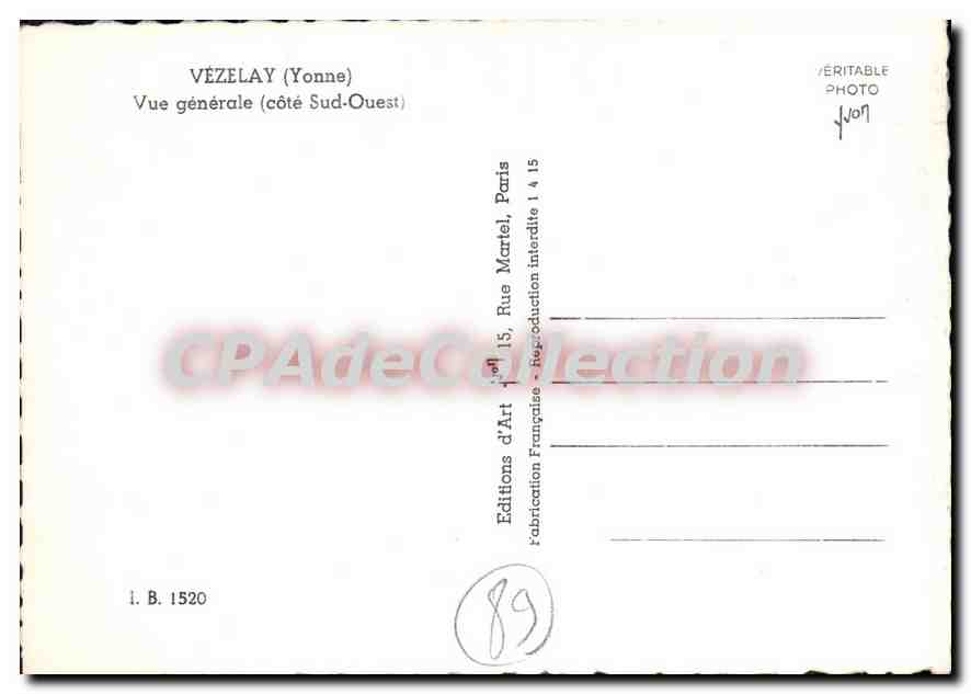 Vézelay (Yonne) — Vue générale (côté Sud-Ouest) — Éditions d'Art Martel, Paris — Verso