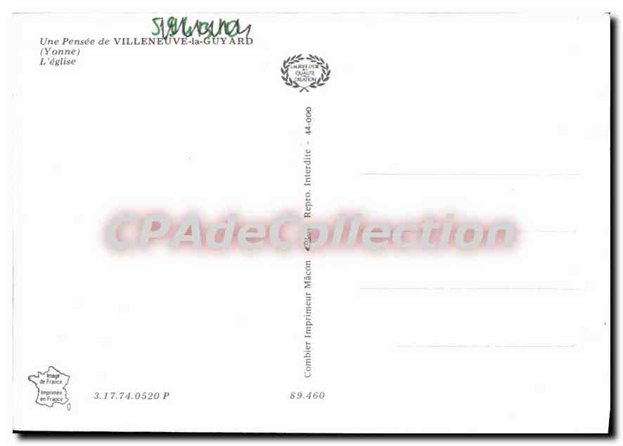 CPSM Une Pensee de Villeneuve la Guyard Yonne L'Eglise  — Back