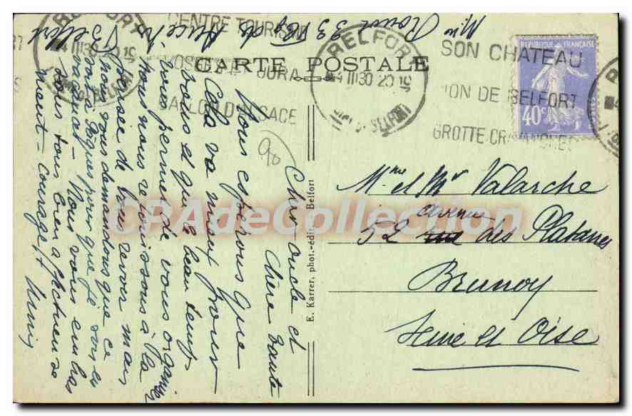 CPA Belfort Territoire Place Corbis et Faubourg des Ancetres  — Verso
