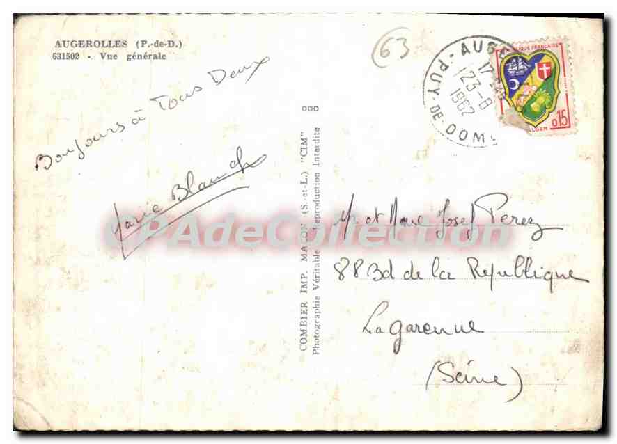 CPSM Augerolles Puy de Dome vue generale  — Rückseite