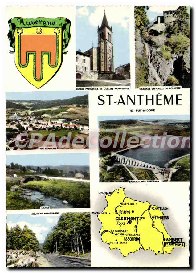 St-Anthème — Puy-de-Dôme — Auvergne — allgemeiner Blick, Kirche, Wasserfall, Ansichtskarte