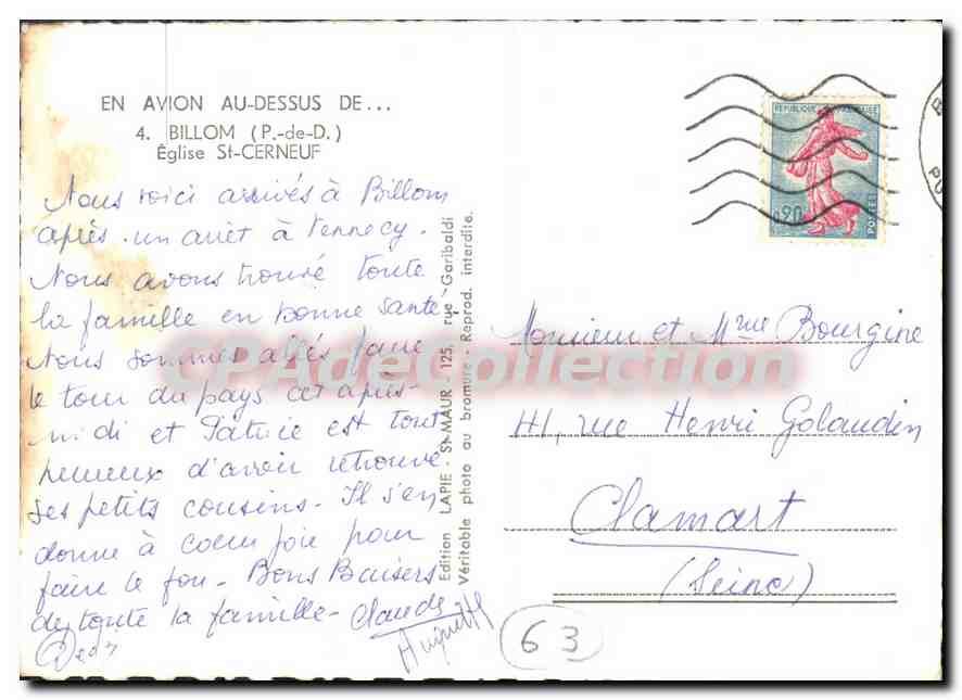 Billois — Kirche Saint-Cerneuf — Ausgabe Lapie, Serie 63 — Rückseite