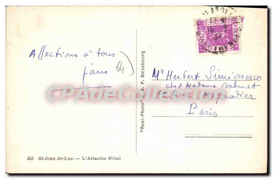CPA St Jean de Luz L'Atlantic Hotel  — Verso