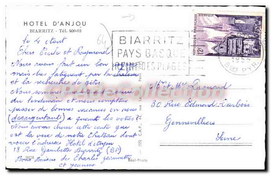 CPA Hotel d'Anjou Biarritz  — Verso