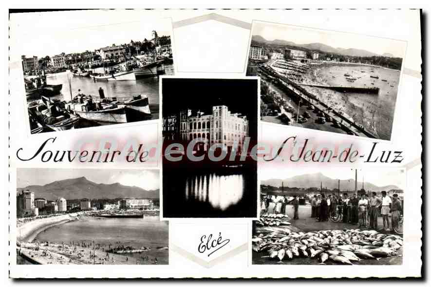 Saint-Jean-de-Luz — Collage de scènes portuaires, plage et marché — Éditeur Elcè