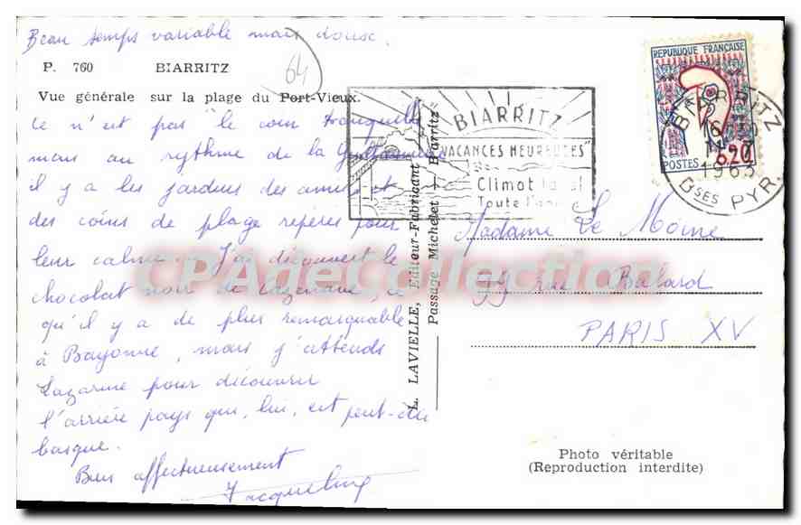 CPA Biarritz vue generale sur la Plage du Port Vieux  — Verso
