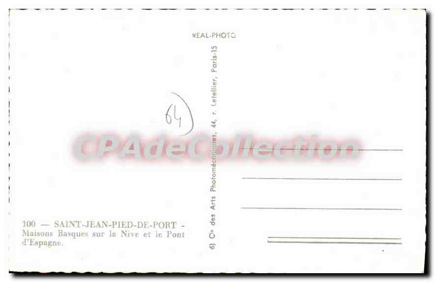 Saint-Jean-Pied-de-Port — Casas vascongadas sobre la Nive y el Puente de España — Cie des Arts Photomécaniques, 44, r. Letellier, París-15 — Reverso