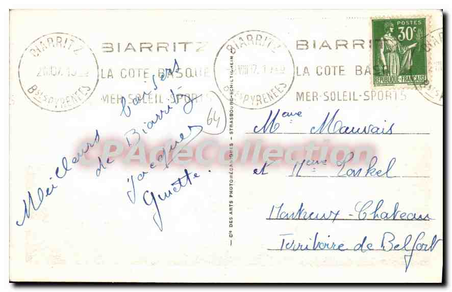 CPA Biarritz Le Nouveau Casino Bellevue  — Rückseite