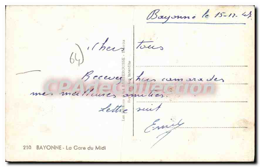 CPA Bayonne La Gare du Midi  — Verso