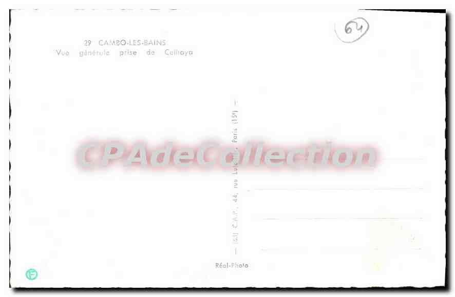 Cambo-les-Bains — Vue générale prise de Celliaya — Réal-Photo, 44, rue Lepelletier, Paris (15e) — Verso