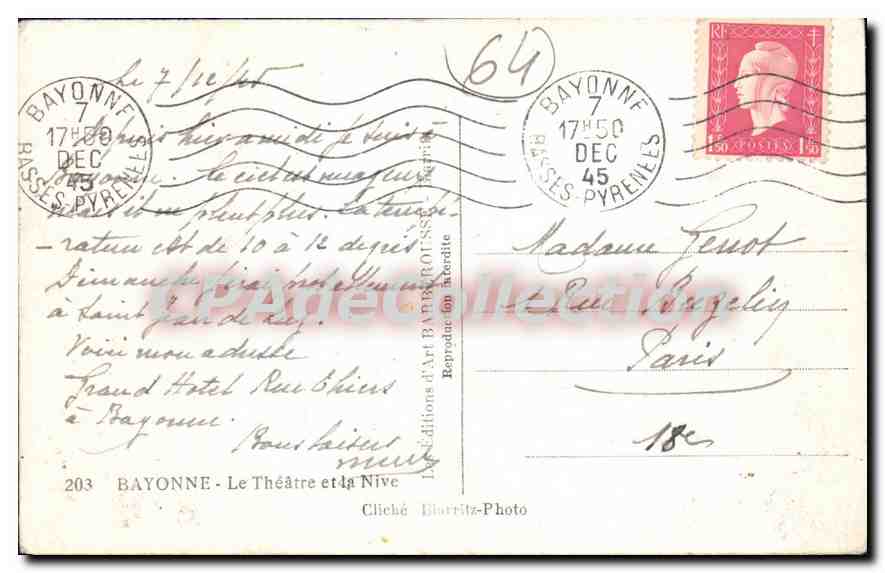 BAYONNE - Le Théâtre et la Nive — Éditions Diorritz-Photo, n°203 — Verso