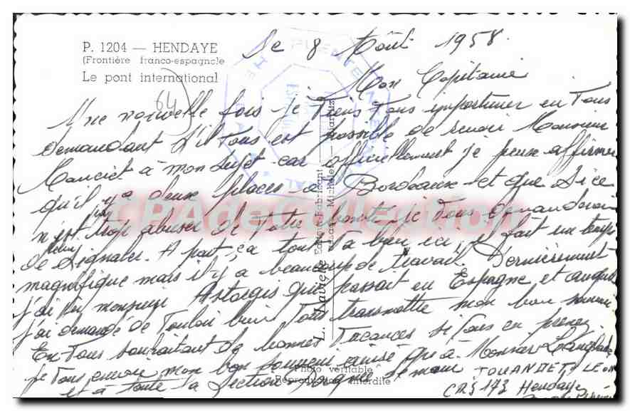 Pont international à Hendaye — Frontière franco-espagnole — éditeur Laricille, n° 1204 — Reverso