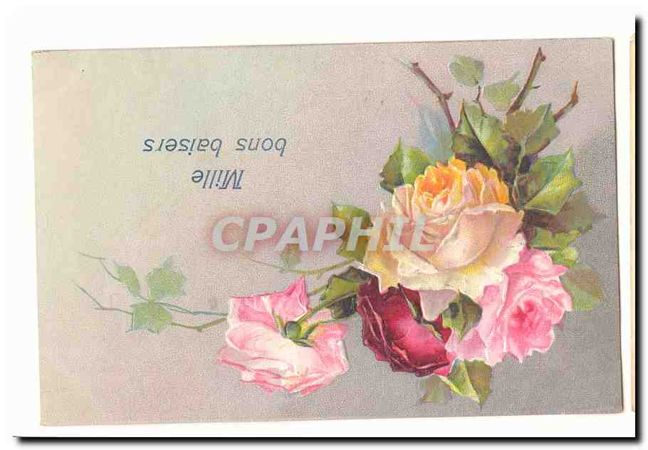 CPA Fantaisie Mille bons baisers (fleurs roses)