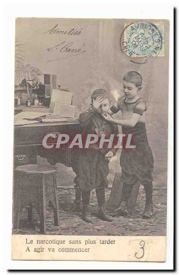 Deux enfants dans une pharmacie — publicité anti-narcotique — éditeur L. Caro, n°3