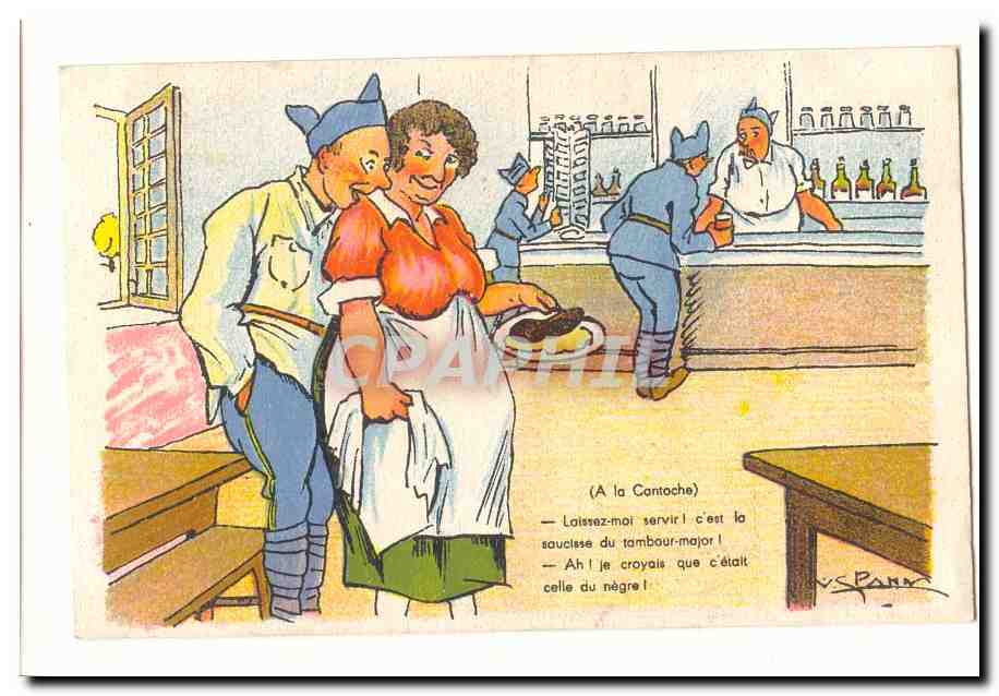 CPA Illustrateur Fantaisie Vspnn A la cantoche Laissez moi servir c'est la saucisse du tambour major (militaria)