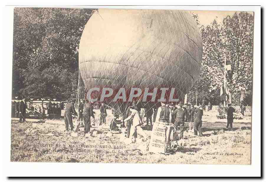 Visite de S M Alphonse XII a Paris CPA Aer Club Le gonflement du ballon de M de la Vaulx (zeppelin balloon aviation) TOP